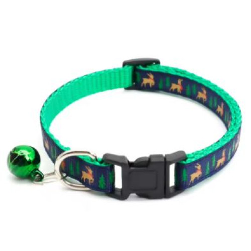 Christmas Dog/Cat Collar with safety buckle and bell. Green
