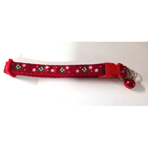 Christmas Dog/Cat Collar with safety buckle and bell. Red-Tree- Snowflake